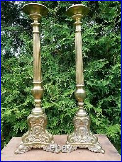 Vintage Pair Brass Religious Altar Church Candlesticks Candelabra Candle Stick