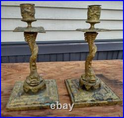 Vintage Pair Brass Serpent Candle Stick Holders 8 1/4 tall Etched