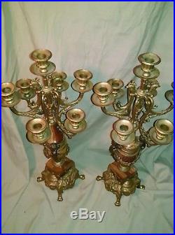 Vintage Pair Brevettato Italy Brass and Pink Marble ornate candelabras