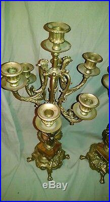 Vintage Pair Brevettato Italy Brass and Pink Marble ornate candelabras