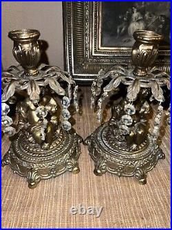 Vintage Pair Cherubs Brass Candle HoldersCrystal Prisms Italian Bases