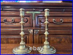 Vintage Pair English Heavy Brass Candlesticks, 10 1/2 T, 3 3/4 x 4 3/4 (Base)