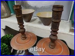 Vintage Pair Etched Copper Brass India Moroccan Arabesque Siam Candle Holders