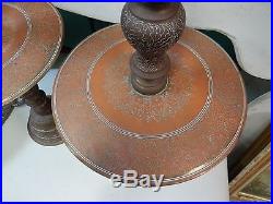 Vintage Pair Etched Copper Brass India Moroccan Arabesque Siam Candle Holders