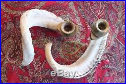 Vintage Pair Genuine Ram Horn Antler Brass Mid Century Candlestick Candle Holder