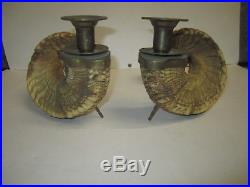 Vintage Pair Genuine Rams Horn Candlestick Candle Holders Brass