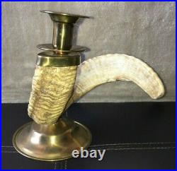 Vintage Pair Genuine Rams Horn Candlestick Candle Holders Brass Trim Regency