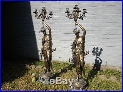 Vintage Pair Large Cast Brass Candelabra Statues Art Deco Candle Holders 44