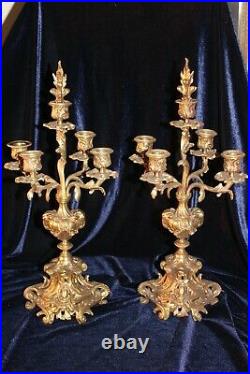 Vintage Pair Louis XV Rococo Ornate Brass Candelabras with Ram's Heads 19 tall