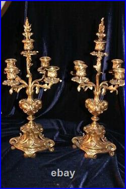 Vintage Pair Louis XV Rococo Ornate Brass Candelabras with Ram's Heads 19 tall