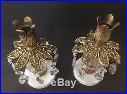 Vintage Pair Of Brass Candle Holders Crystal Prism Tear Drop Marble Base Hollywd