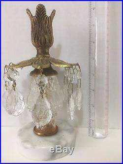 Vintage Pair Of Brass Candle Holders Crystal Prism Tear Drop Marble Base Hollywd