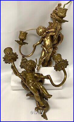 Vintage Pair Of Brass Cherubs Double Sconce Lighting Candle Holder