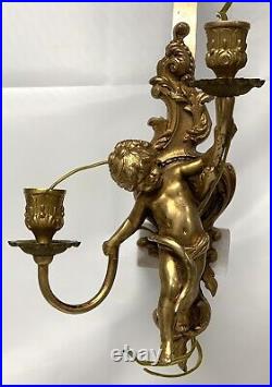 Vintage Pair Of Brass Cherubs Double Sconce Lighting Candle Holder