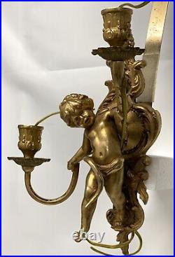 Vintage Pair Of Brass Cherubs Double Sconce Lighting Candle Holder