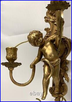 Vintage Pair Of Brass Cherubs Double Sconce Lighting Candle Holder