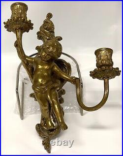 Vintage Pair Of Brass Cherubs Double Sconce Lighting Candle Holder