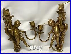 Vintage Pair Of Brass Cherubs Double Sconce Lighting Candle Holder