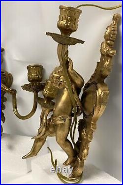 Vintage Pair Of Brass Cherubs Double Sconce Lighting Candle Holder