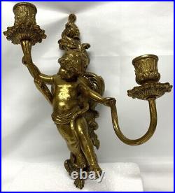 Vintage Pair Of Brass Cherubs Double Sconce Lighting Candle Holder