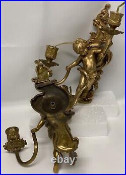 Vintage Pair Of Brass Cherubs Double Sconce Lighting Candle Holder