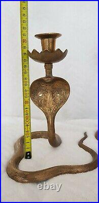 Vintage Pair Of Brass Cobra Snake Shaped Candlestick Holders. Heavy 1300g. 21cm