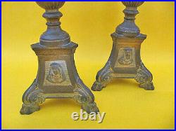 Vintage Pair Of Brass Religious Candlesticks Candle Holders Church Altar