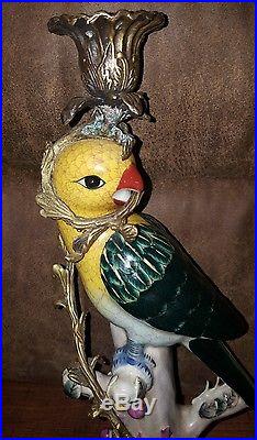 Vintage Pair Ornate Porcelain Bird Brass Base Candlestick Holders