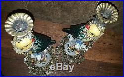 Vintage Pair Ornate Porcelain Bird Brass Base Candlestick Holders