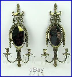 Vintage Pair Regency Style Solid Brass Mirrored Wall Sconces Candle Holders NR
