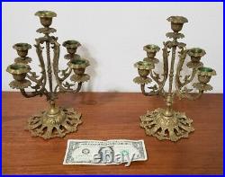 Vintage Pair Small Candelabra's Ornate 5 Arm Brass 9 3/4 Candle Stick Holders