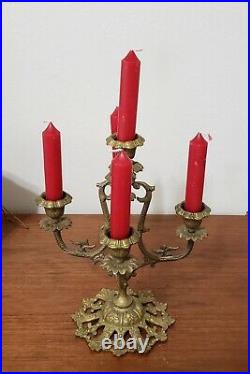 Vintage Pair Small Candelabra's Ornate 5 Arm Brass 9 3/4 Candle Stick Holders