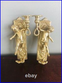 Vintage Pair Wall Mount Solid Brass Cherub Candle Holder Wall Sconces