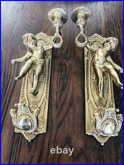 Vintage Pair Wall Mount Solid Brass Cherub Candle Holder Wall Sconces