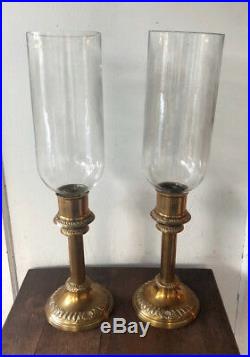 Vintage Pair of 2 Mottahedeh Brass Candlesticks with Hurricane Glass Shades -21.5