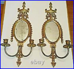Vintage Pair of 23 Brass Double Candle Holder with Mirrors Ornate Wall Sconces