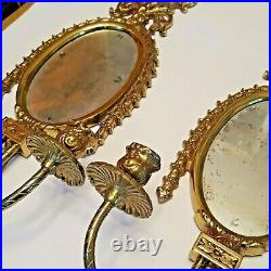 Vintage Pair of 23 Brass Double Candle Holder with Mirrors Ornate Wall Sconces