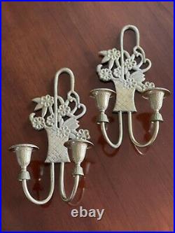 Vintage Pair of Brass 2 Candle Wall Sconces Flower Basket Design