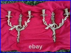 Vintage Pair of Brass Cast 2-Arm Wall Sconces, Candle holders 16 1/2 Nice