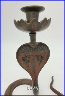 Vintage Pair of Bronze/Brass/Metal Etched Cobra/Snake Candle Stick Holders Red