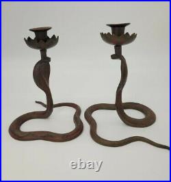 Vintage Pair of Bronze/Brass/Metal Etched Cobra/Snake Candle Stick Holders Red