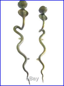Vintage Pair of Egyptian Brass Cobra Snake Candle Holders Wall Sconces RARE