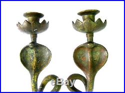 Vintage Pair of Egyptian Brass Cobra Snake Candle Holders Wall Sconces RARE