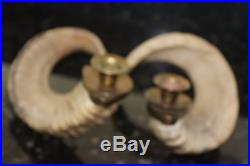 Vintage Pair of Genuine Ram Horn & Brass Mid Century Candlestick Candle Holders