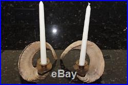 Vintage Pair of Genuine Ram Horn & Brass Mid Century Candlestick Candle Holders