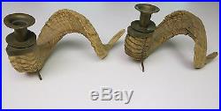 Vintage Pair of Genuine Ram Horn and Brass Tabletop Candlestick Holders