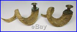Vintage Pair of Genuine Ram Horn and Brass Tabletop Candlestick Holders