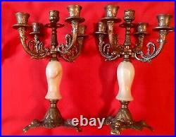 Vintage Pair of Onyx and Brass Candelabras, Holds 5 Candles 12.5 High x 7 wide