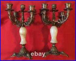 Vintage Pair of Onyx and Brass Candelabras, Holds 5 Candles 12.5 High x 7 wide