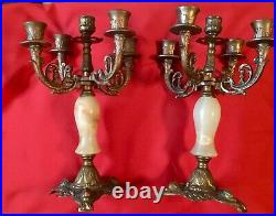 Vintage Pair of Onyx and Brass Candelabras, Holds 5 Candles 12.5 High x 7 wide